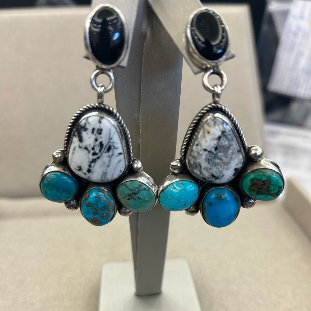 White Buffalo Multi Turquoise & Onyx Custom NAVAJO Sterling Silver XL Earrings.